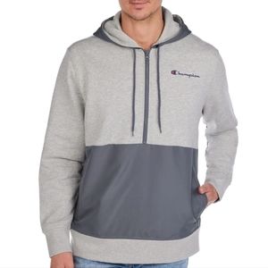 Champion Mens Fleece Woven-Mix Half Zip Two Tone Hoodie Athletic Gray Heather XL